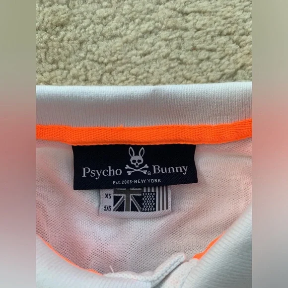 Psycho Bunny Size XS, 5/6, White Pique Polo with Neon Trim - Picture 3 of 7